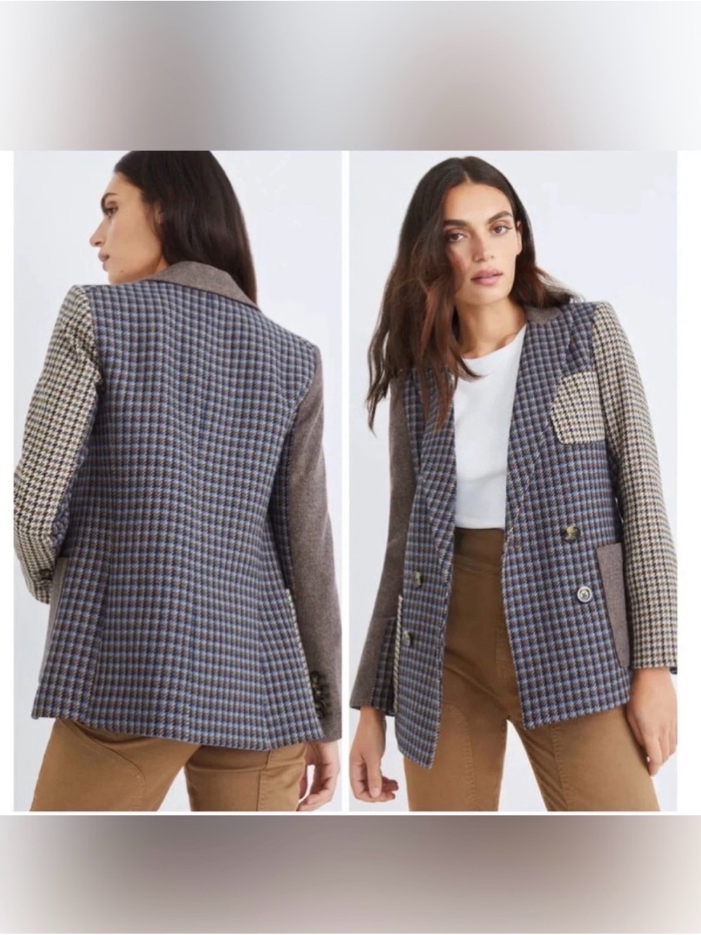 VERONICA BEARD | Faustine Dickey Houndstooth Mixed Media Jacket Blue Multi 8 - Picture 2 of 6